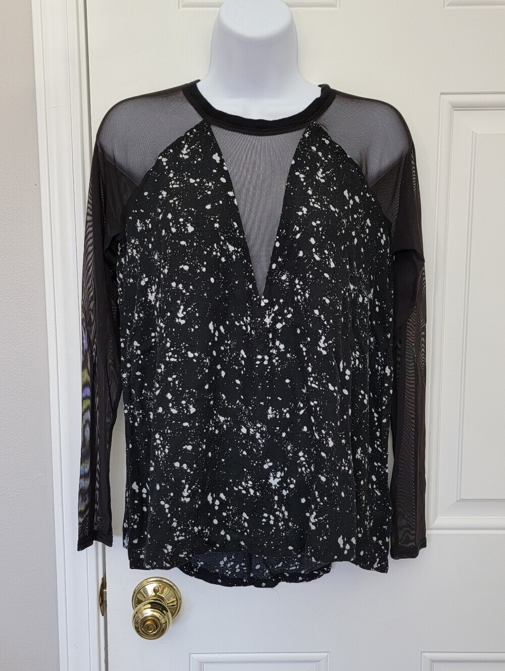 Silence + Noise Double V Mesh Insert Long Sleeve Top Black White Spatter Small